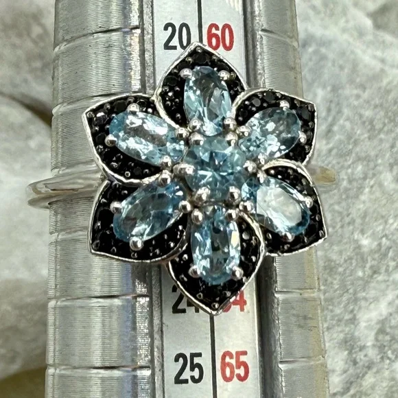 NWT Santa Maria Aquamarine & Black Spinel Daisy Ring Sz 10 Platinum 925 1.25ctw - Picture 17 of 17